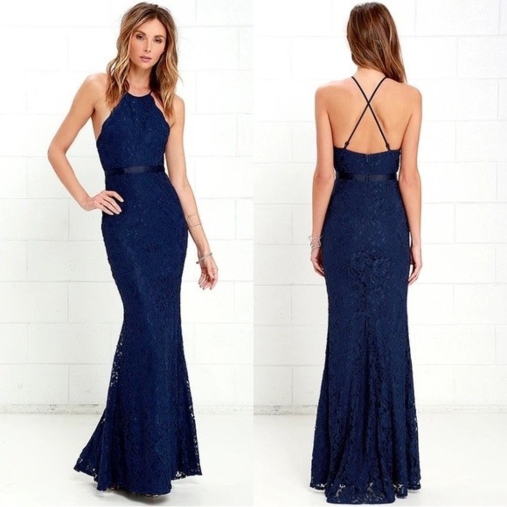 Lulus Zenith Navy Blue Lace Maxi Dress Size Large High Neckline